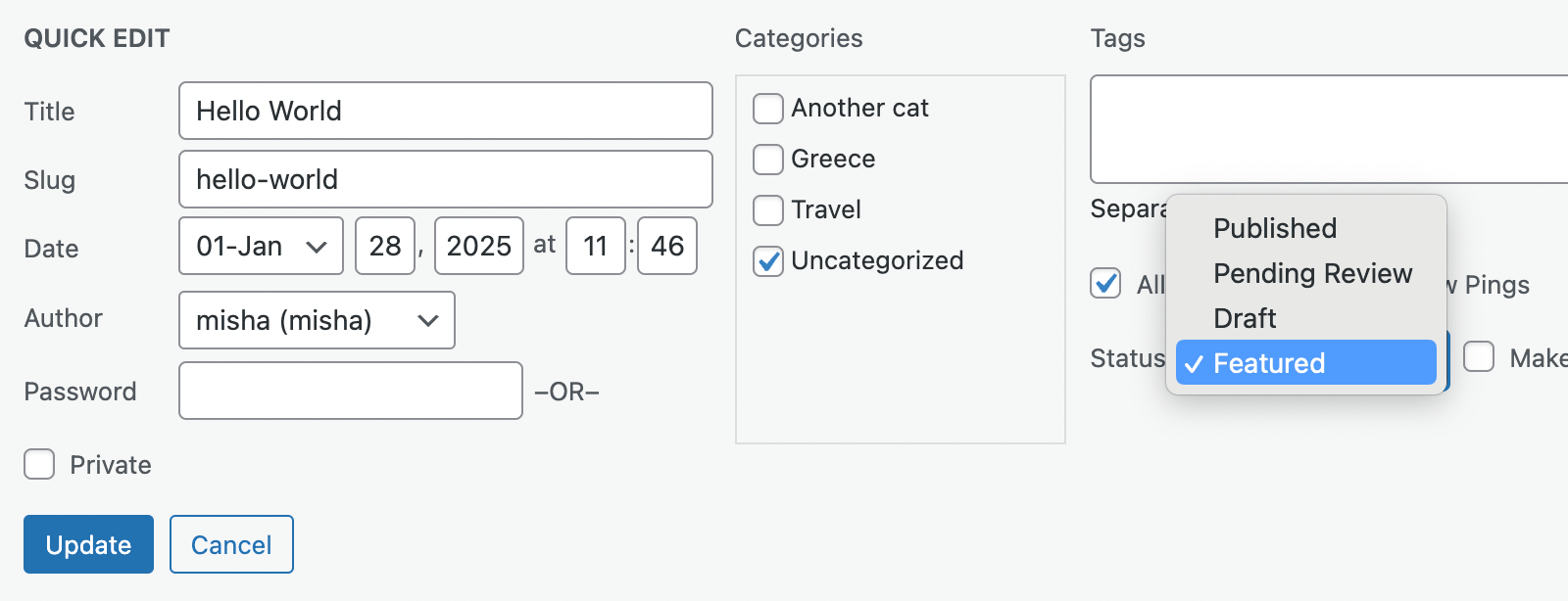 Custom post statuses in the Quick Edit menu