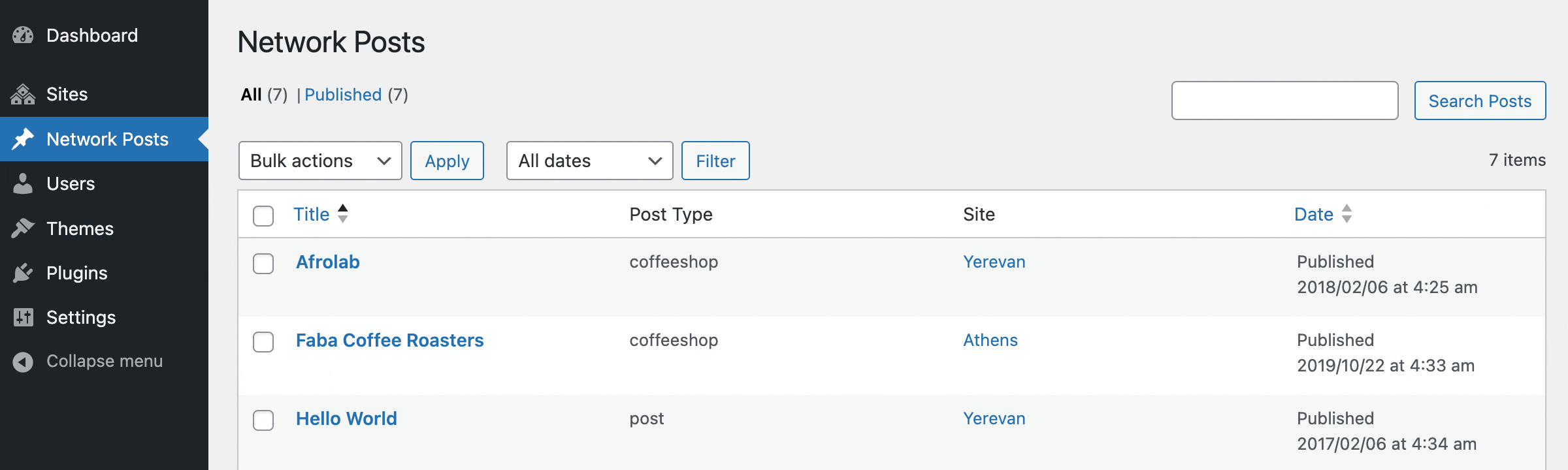 Order WordPress multisite posts by title