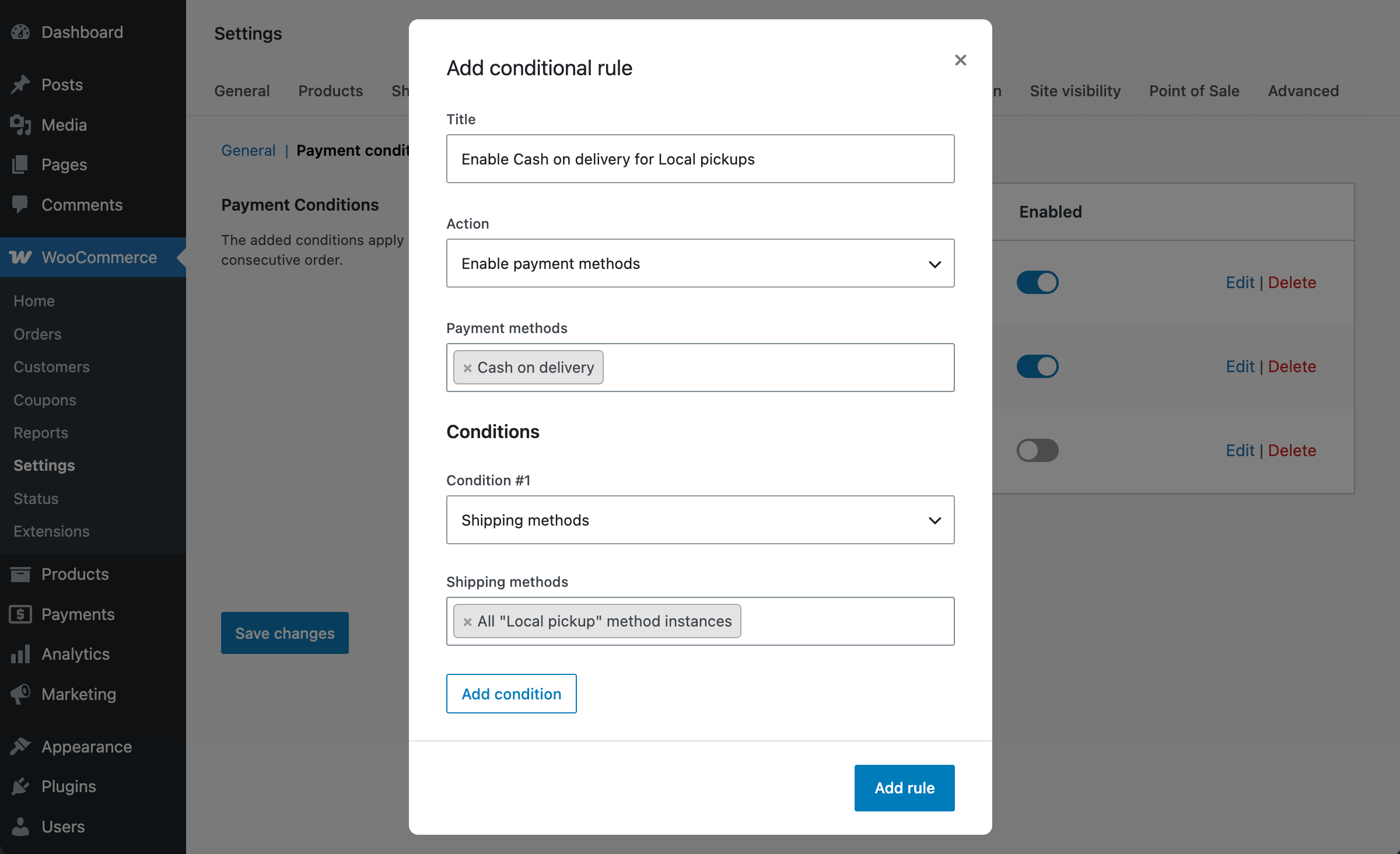 Enable cash on delivery for specific WooCommerce shipping methods