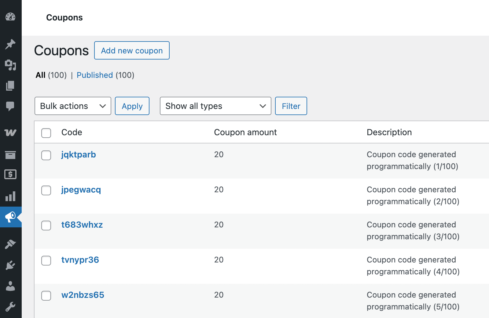 WooCommerce generate coupon codes programmatically