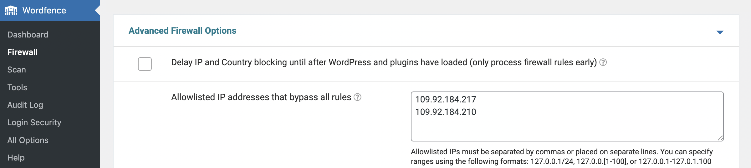 Wordfence whitelist IP addresses