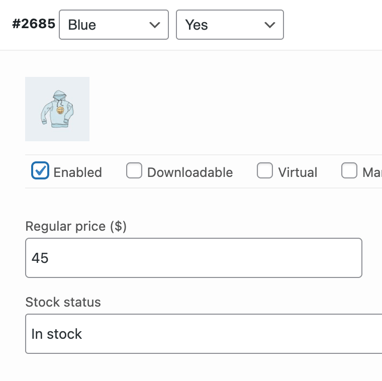 Enabled (public) and private variations of WooCommerce products