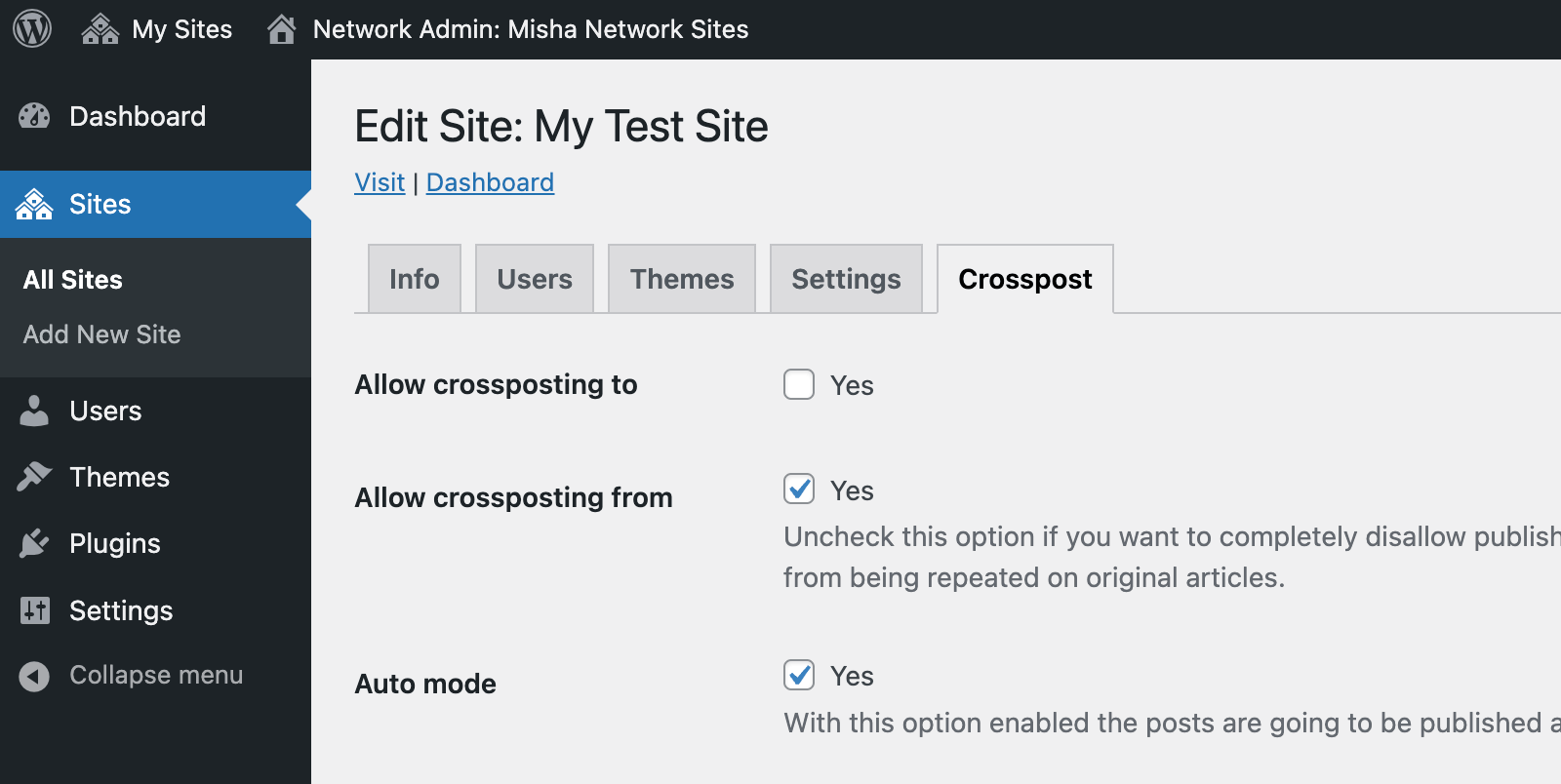 Allow automatic crossposting for WordPress Multisite