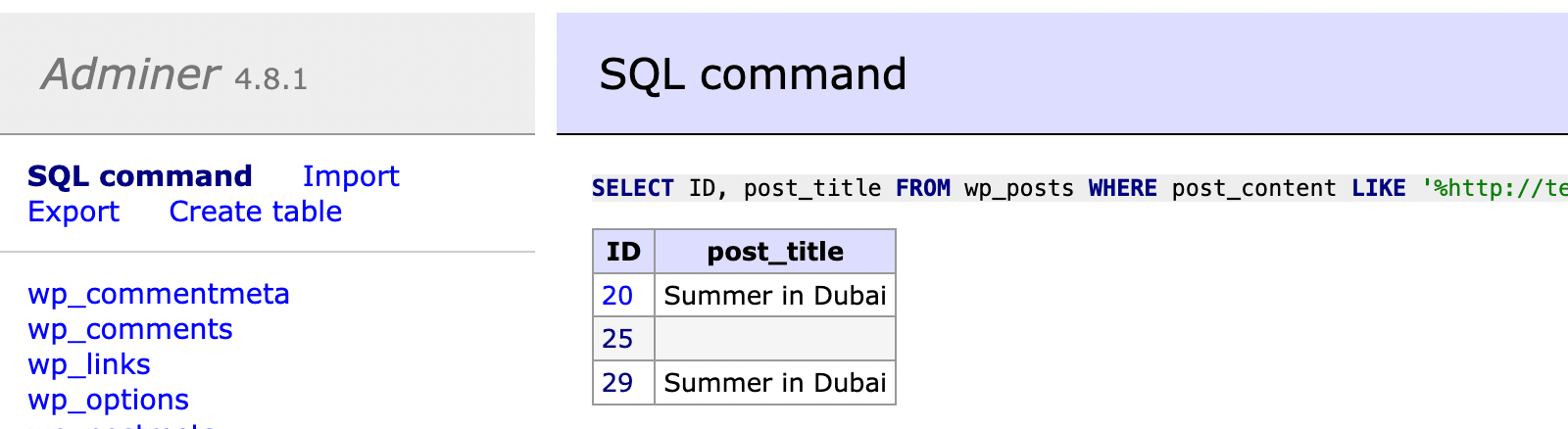 Searching for internal links in the MySQL database