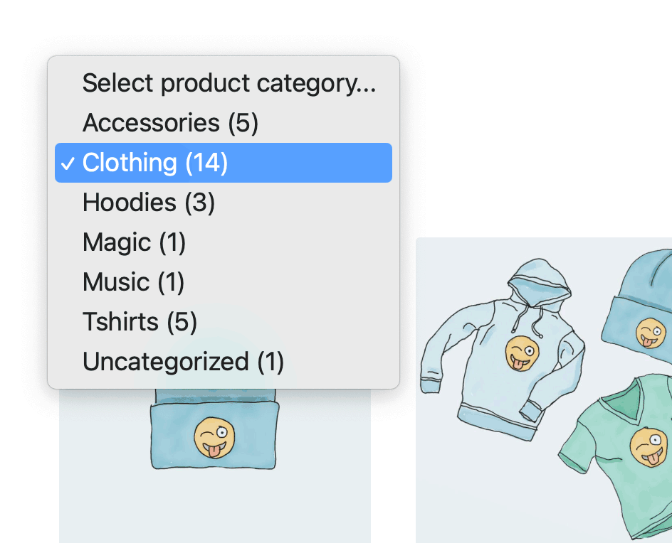 WooCommerce category filter displayed as a dropdown list