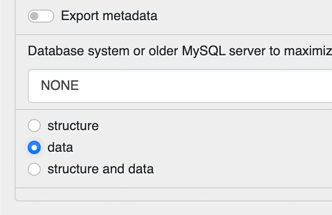 phpMyAdmin export data only