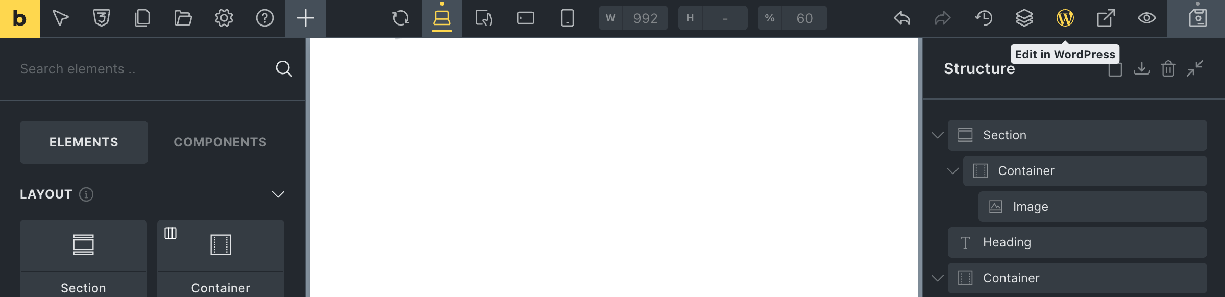 Bricks Builder interface in WordPress