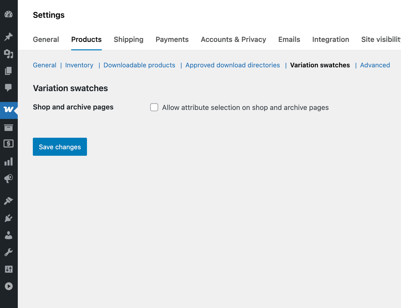 Allow color variations to be displayed on shop and archive pages in the plugin settings