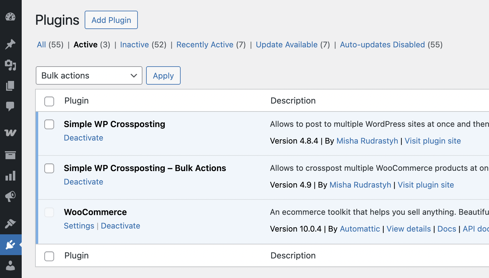 Activating Simple WordPress Crossposting plugin