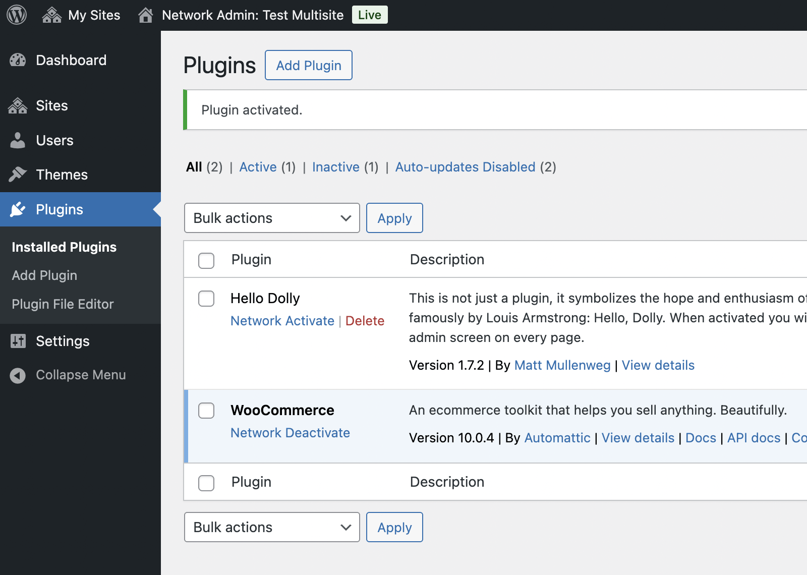 Network activate WooCommerce plugin in WordPress multisite.