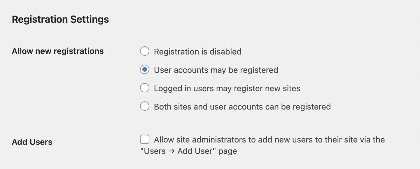 WordPress Multisite user registration settings