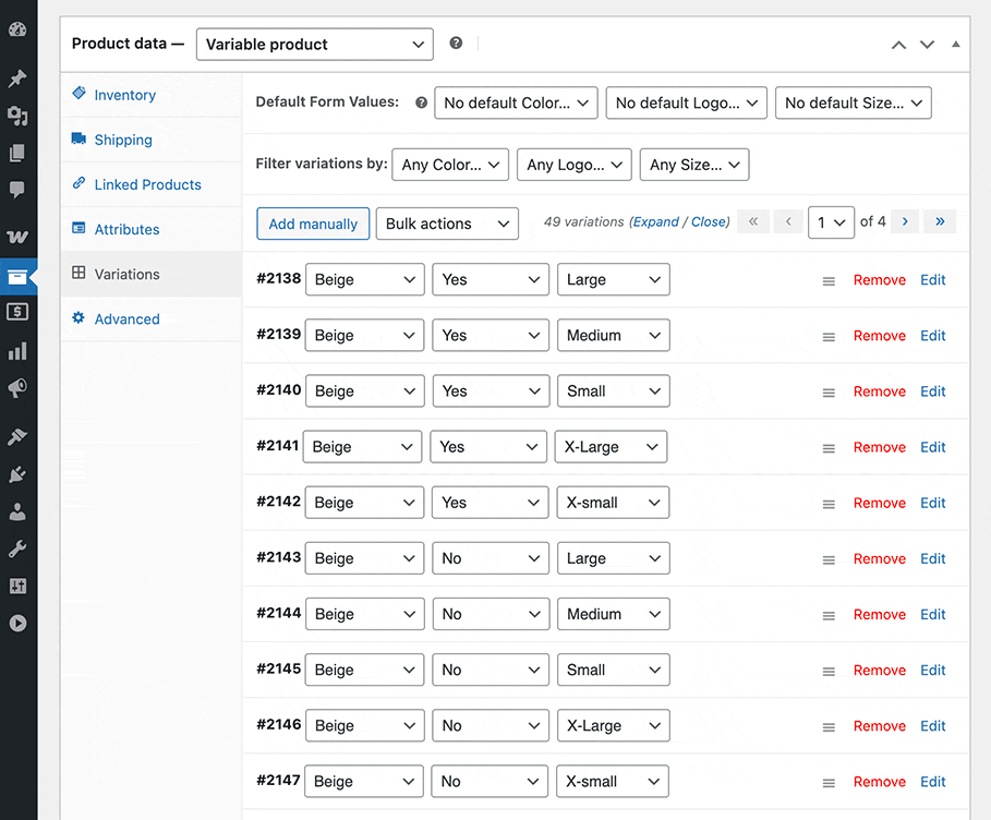 Bulk edit variations for WooCommerce