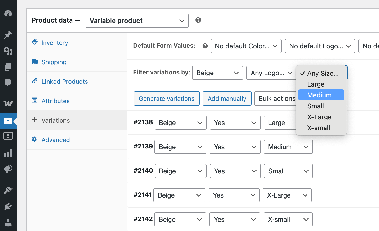 filter variations by attributes and then bulk edit them