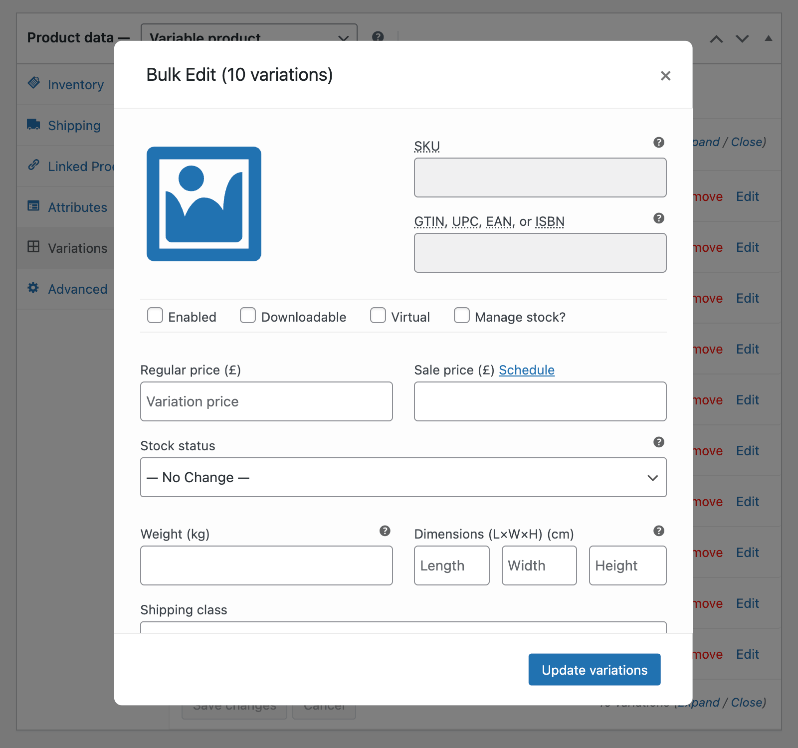 WooCommerce bulk edit variations modal window