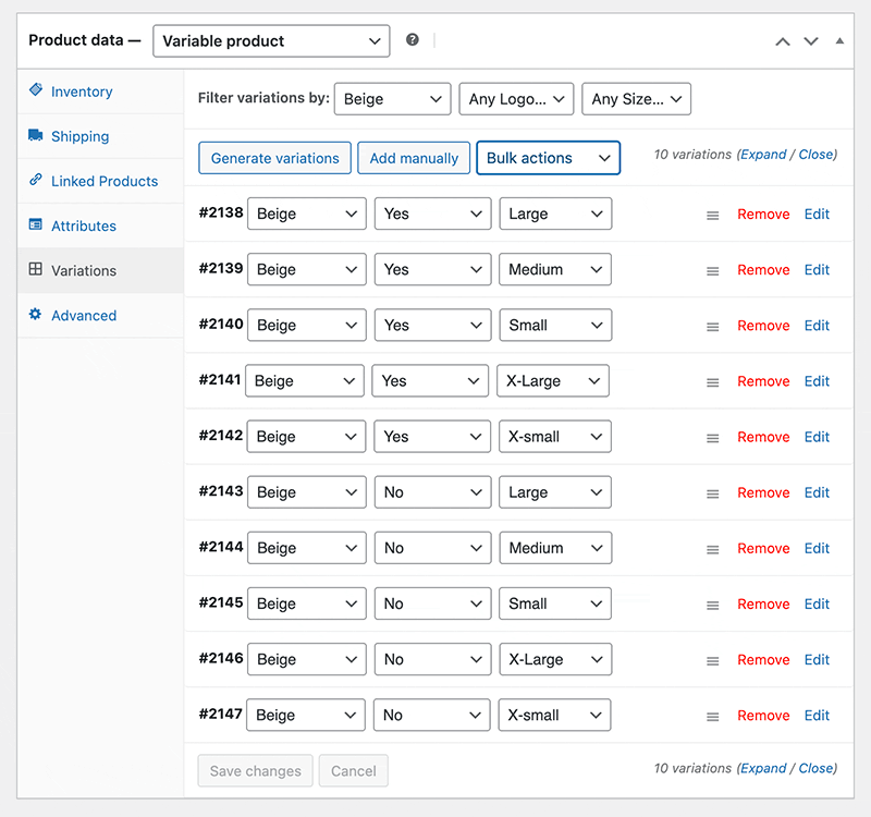 change multiple variations properties