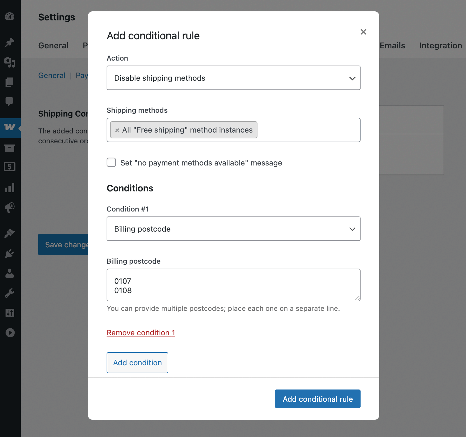 WooCommerce restrict shipping by postcode