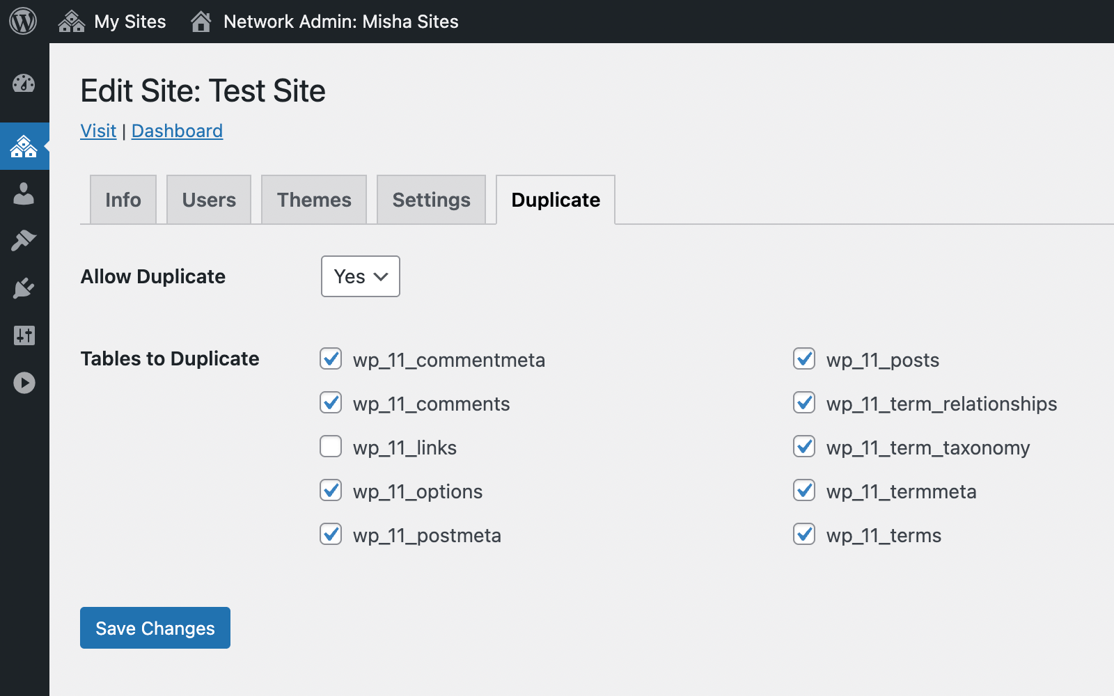Choose database tables to clone together with a subsite