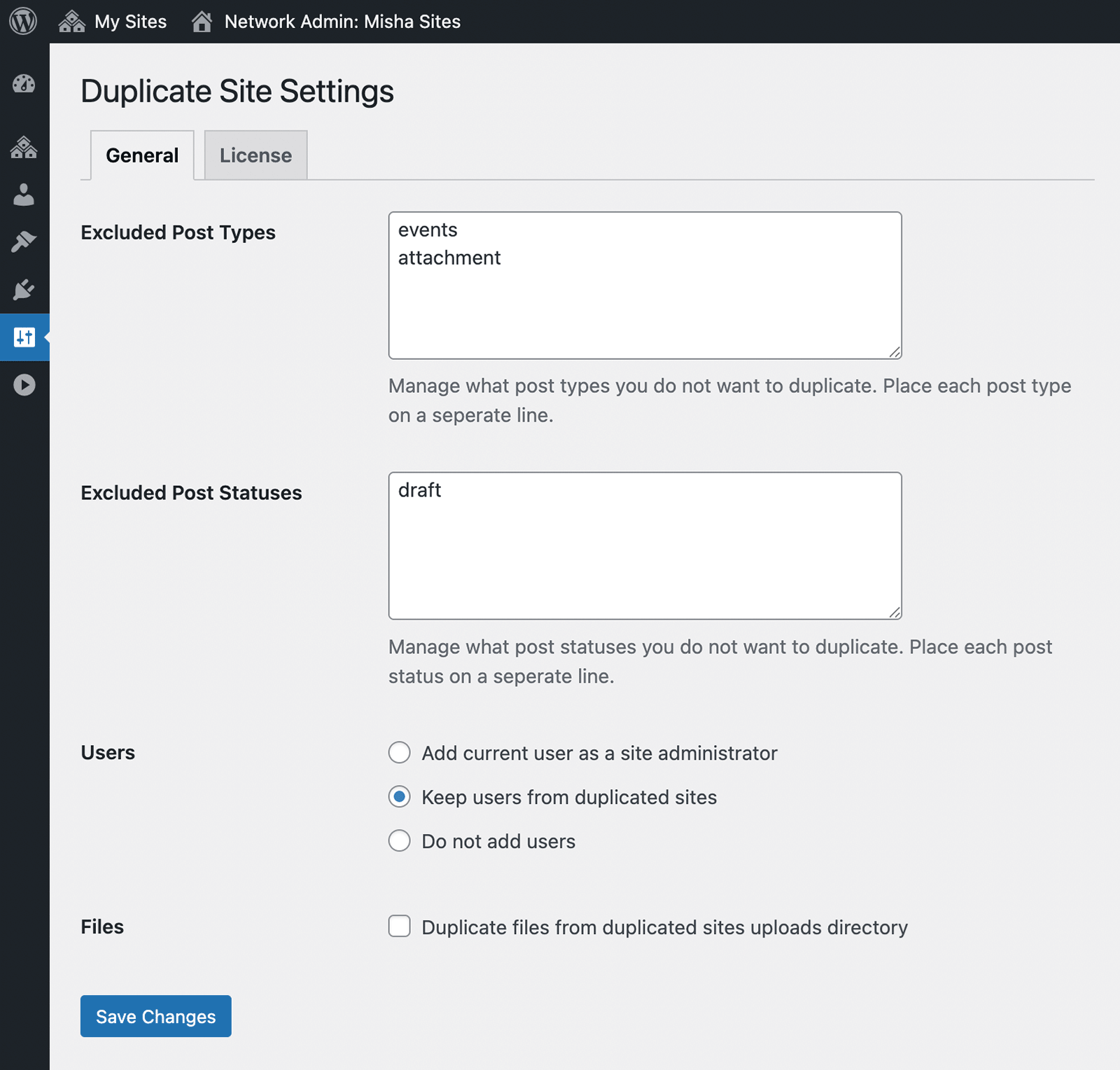 Duplicate Site for WordPress Multisite settings page