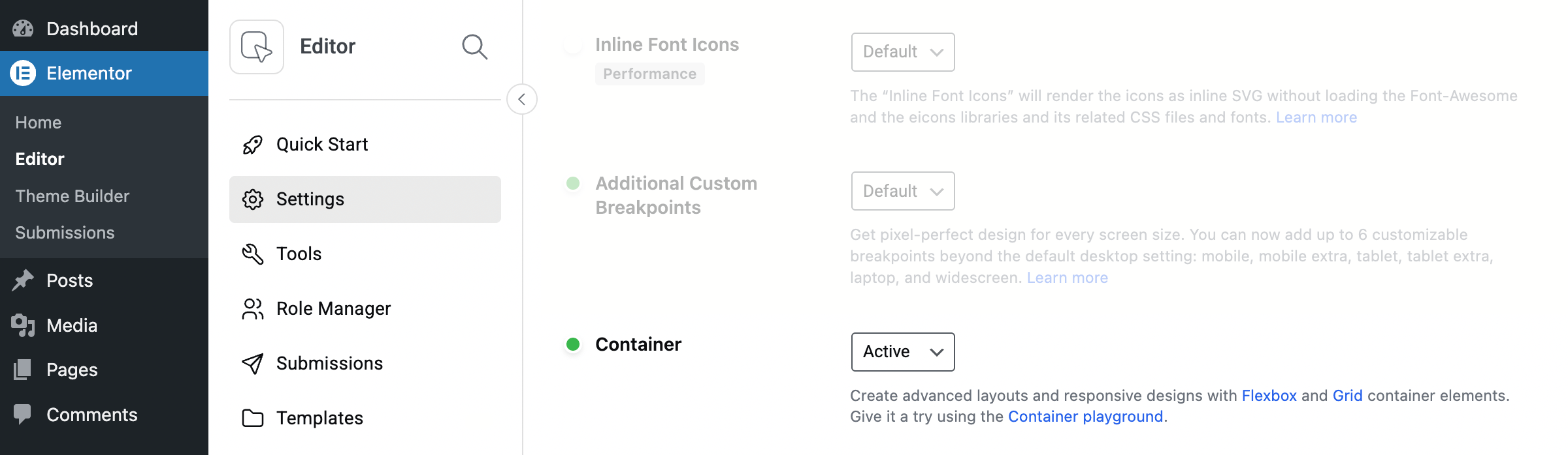 Container feature settings in Elementor
