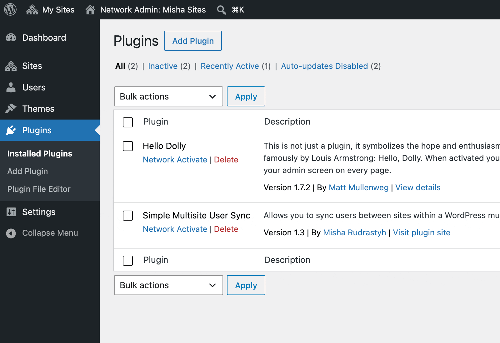 Network activate WordPress Multisite user management plugin.