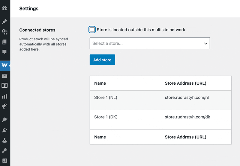 connect standalone stores as well as stores within the same WooCommerce multisite network