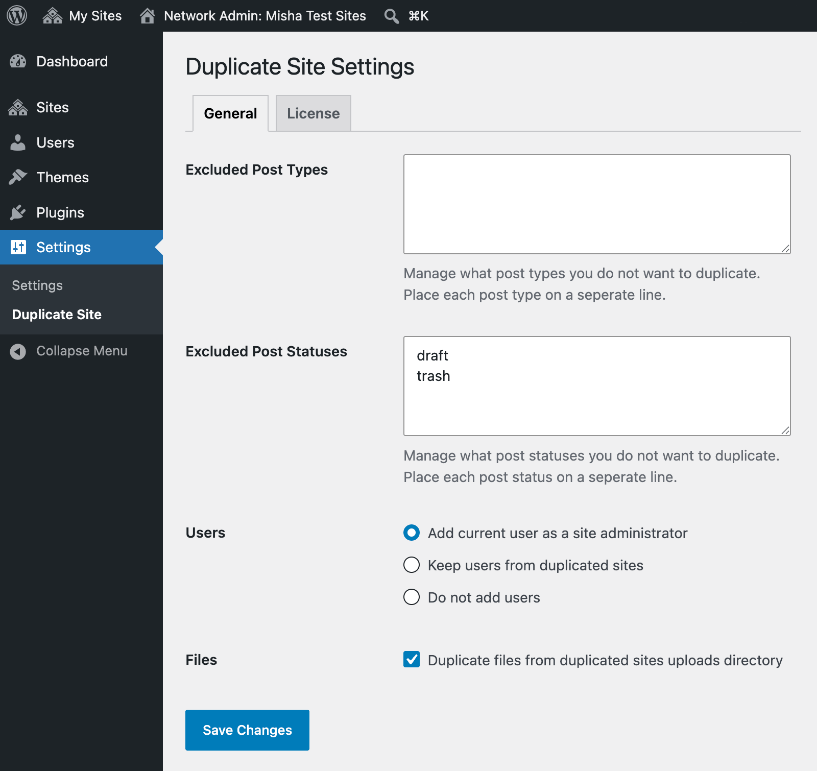 Duplicate Site for WordPress Multisite plugin settings