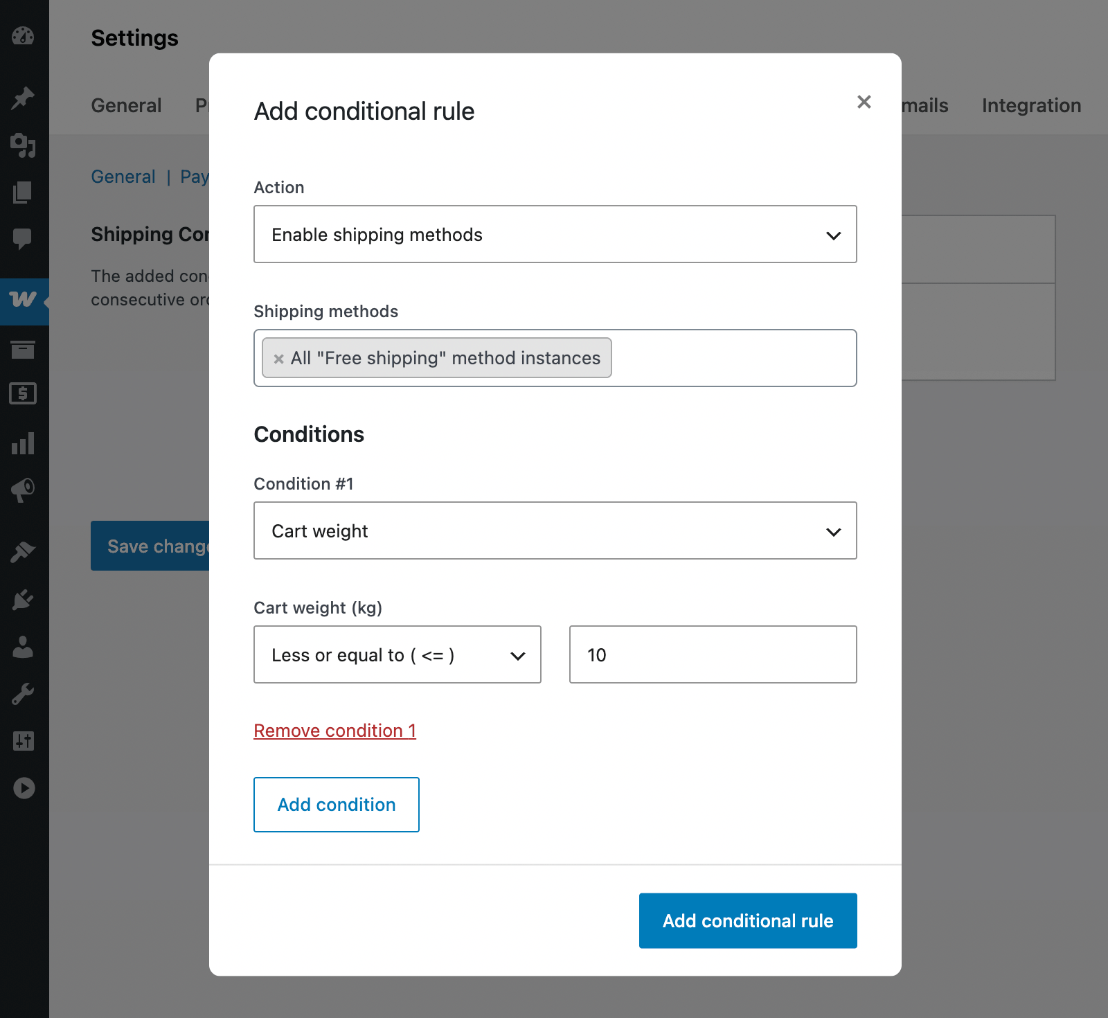 Enable free shipping by the weight of products in the cart in WooCommerce