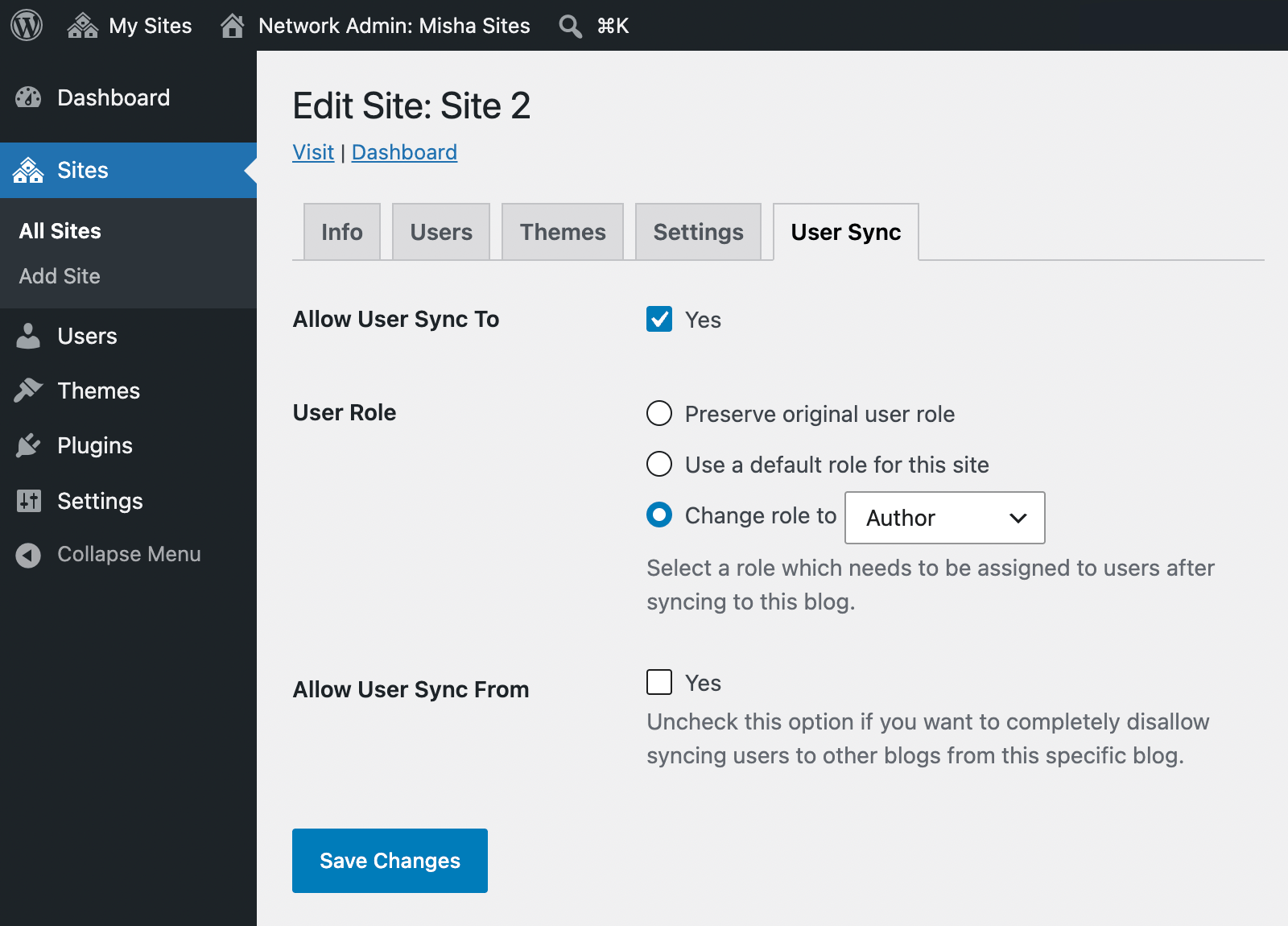 Multisite user sync site-specific settings