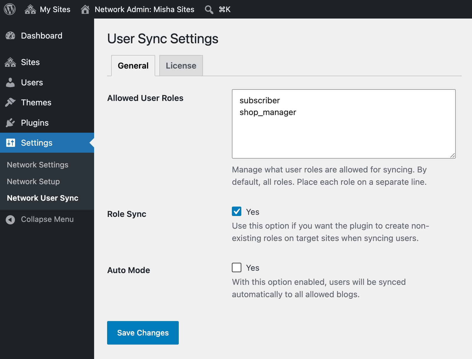 WordPress multisite user management plugin settings page