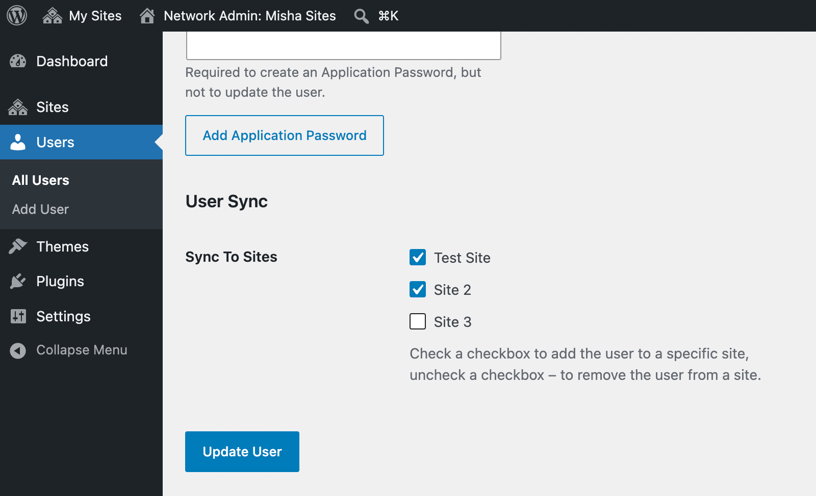 WordPress Multisite user sync/unsync when editing a user from the network admin dashboard.