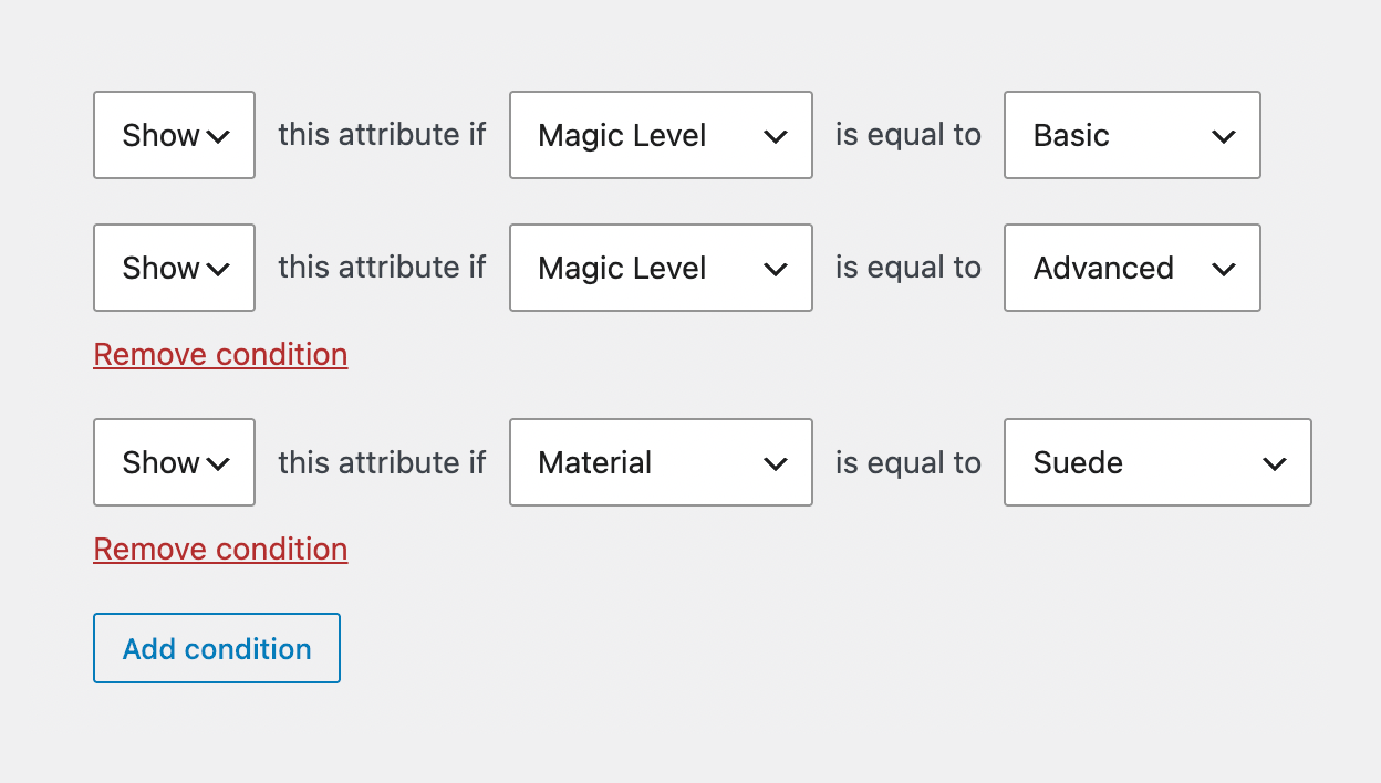 Display an attribute of a WooCommerce conditional variation depending on the value of two other attributes