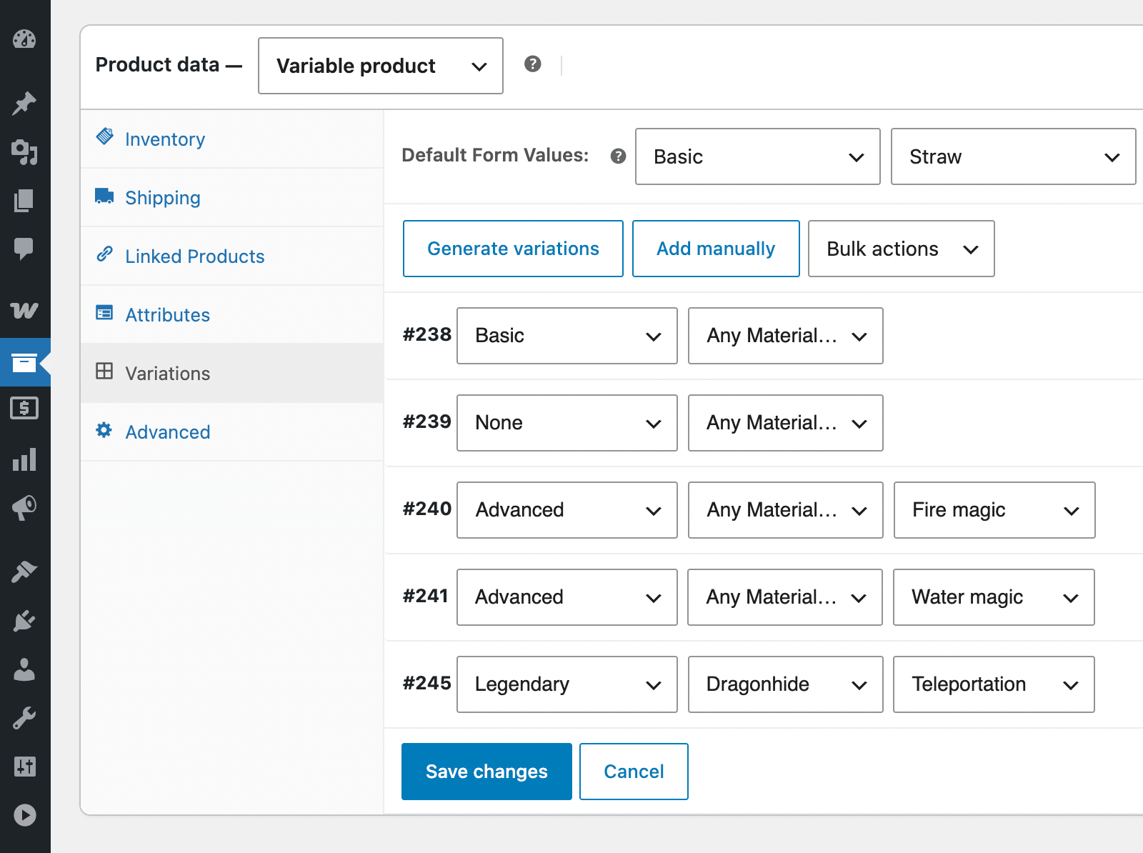 Configure attributes for product variations