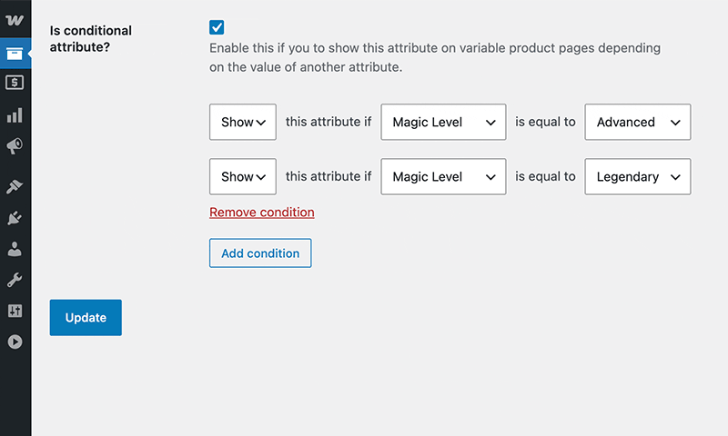 Configure conditional attributes in WooCommerce