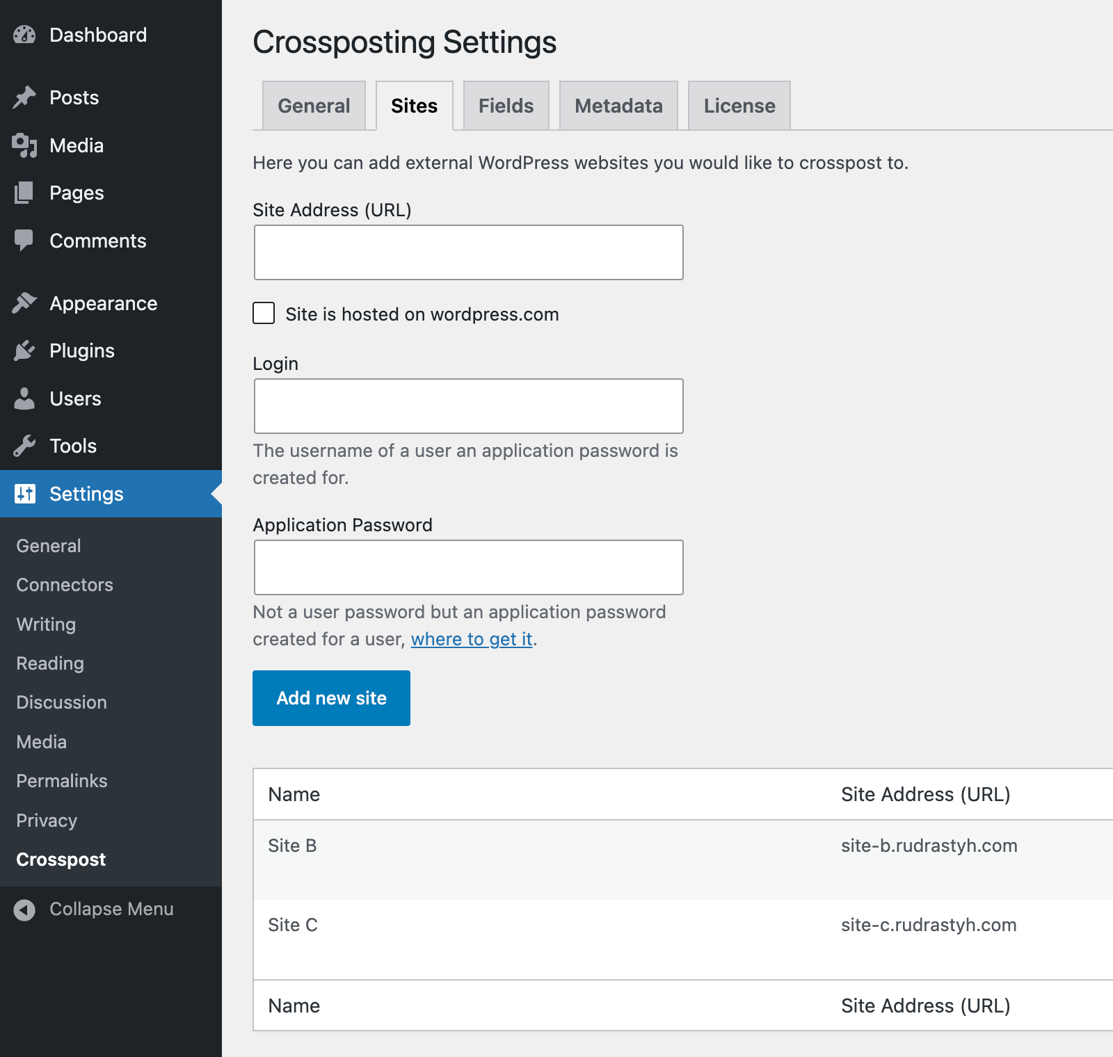 Connect target sites in the Simple WP Crossposting plugin settings