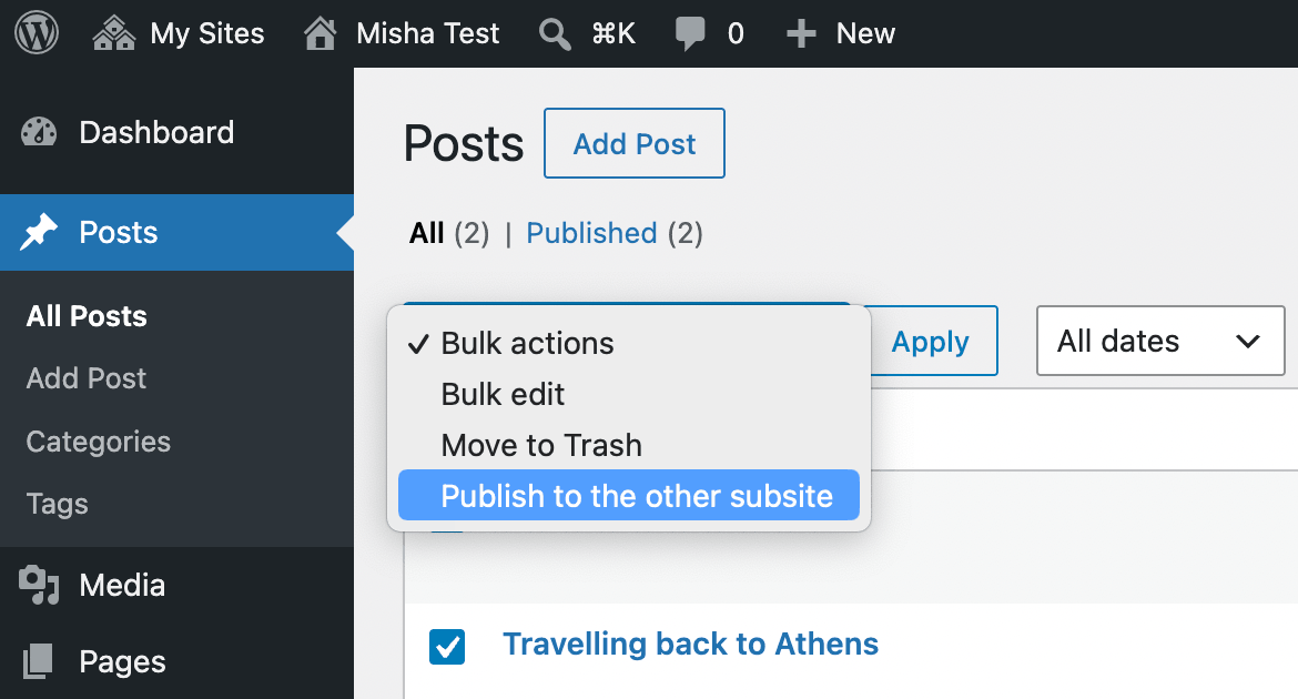 Creating a custom bulk action in WordPress Multisite