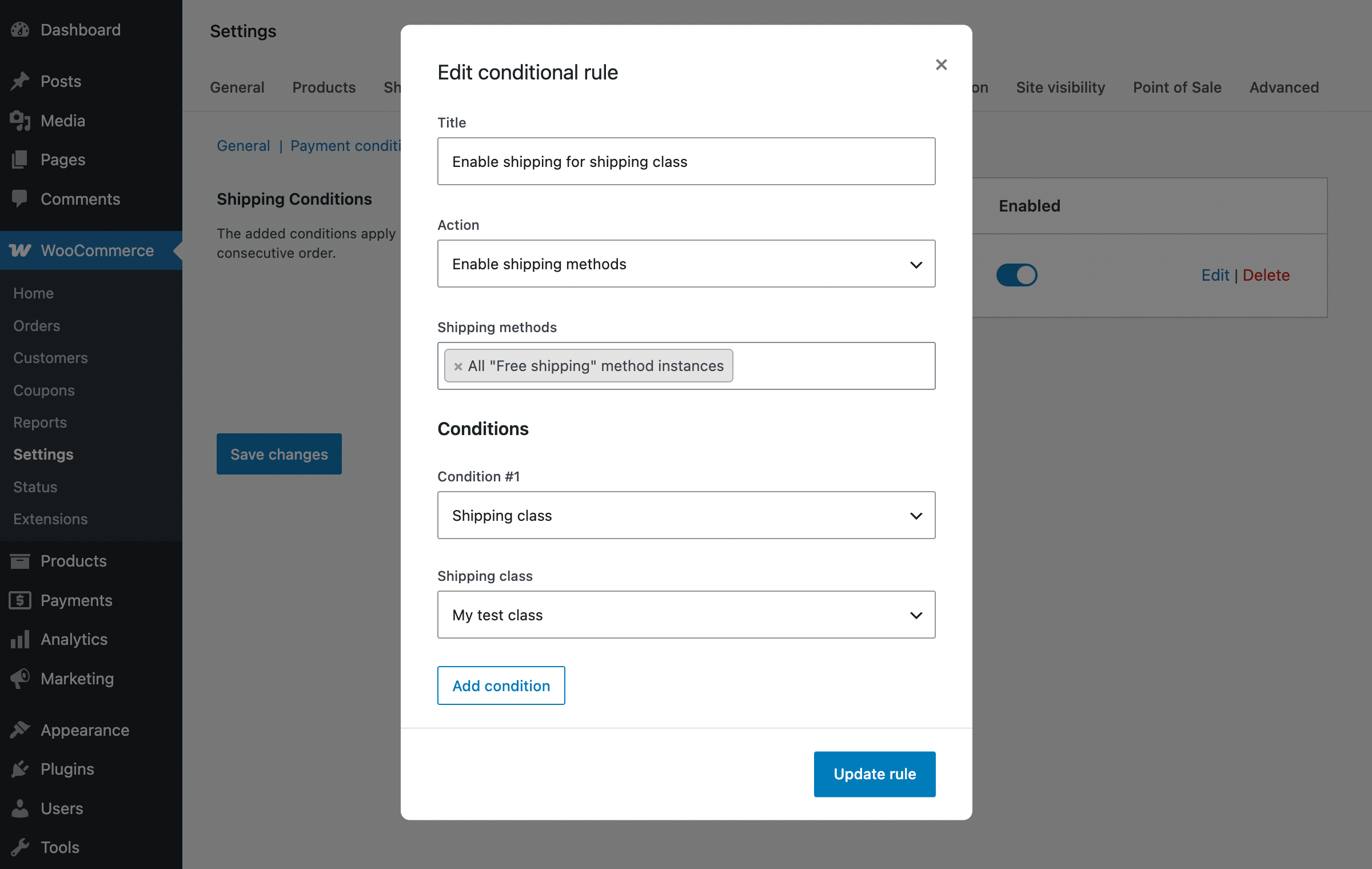 Restrict or enable specific shipping methods in WooCommerce depending on a shipping class
