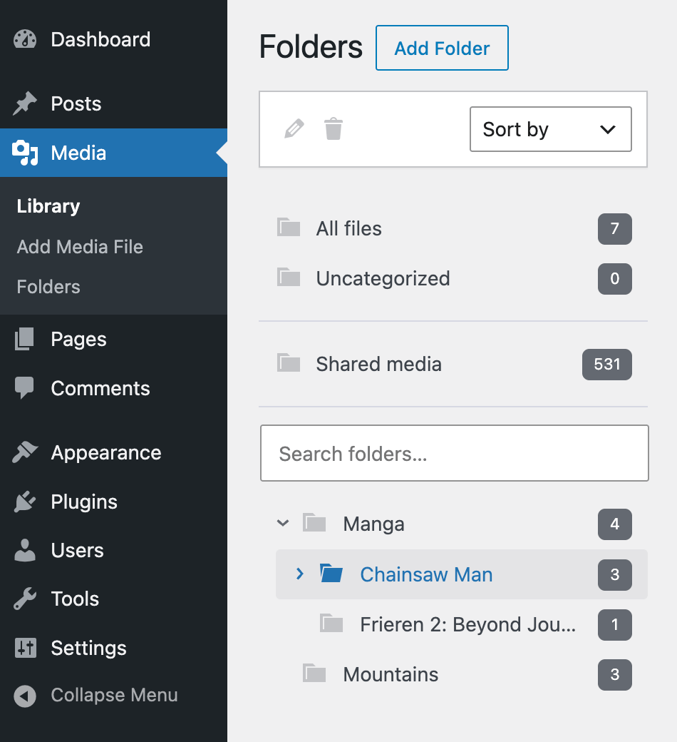 A folder with shared media files in Simple Media Library Folders