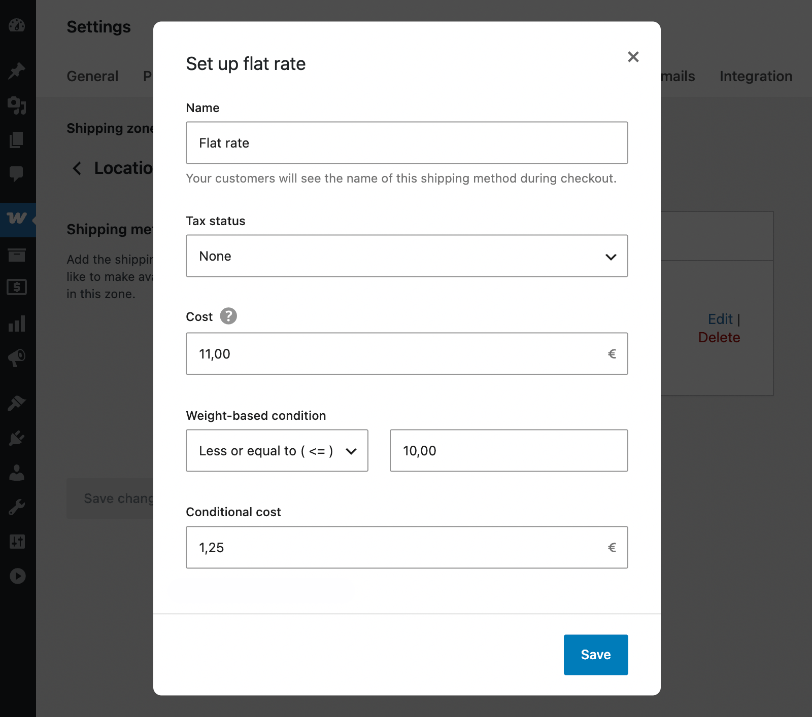 setting up weight based conditional shipping costs