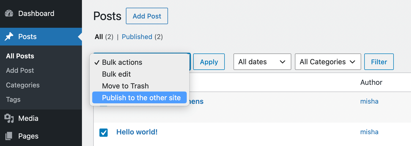 custom bulk action in WordPress
