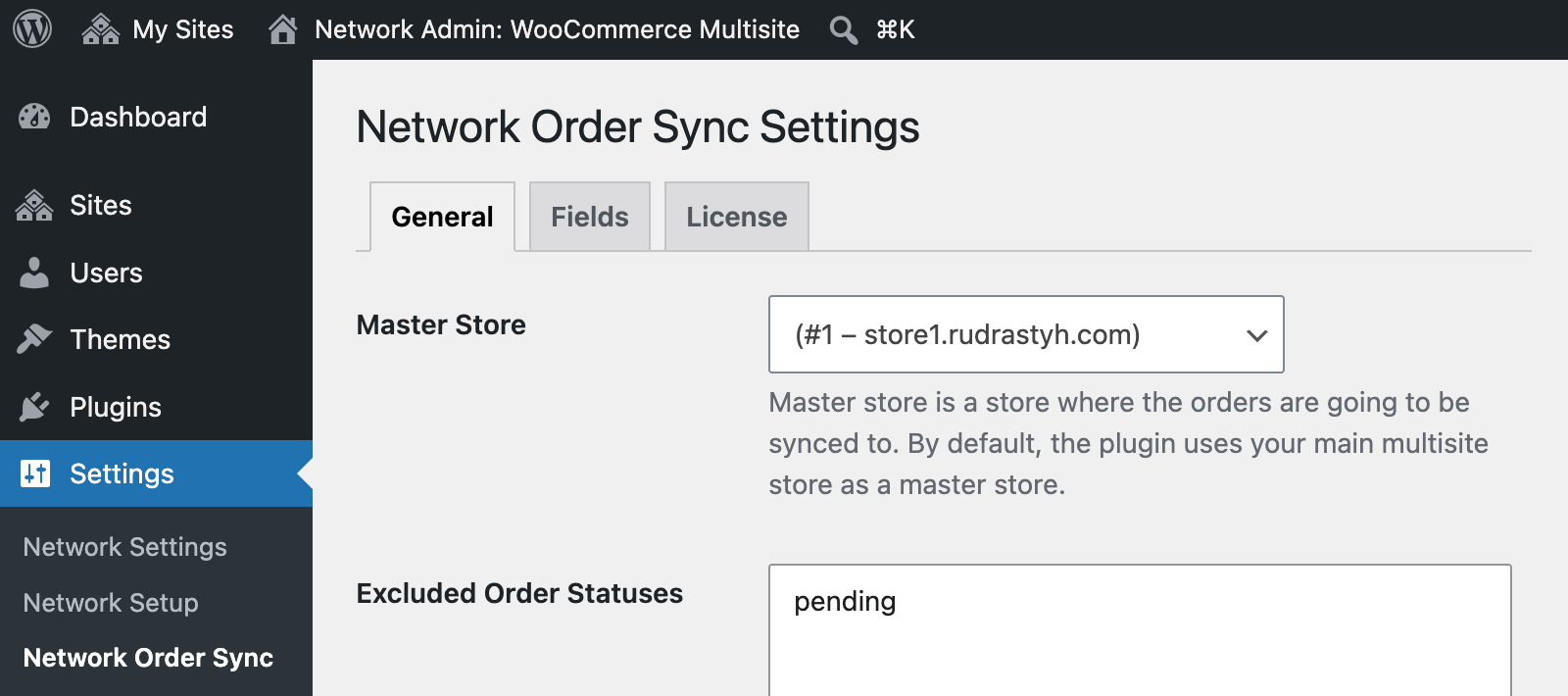 Selecting a master store in the multisite order sync plugin settings.