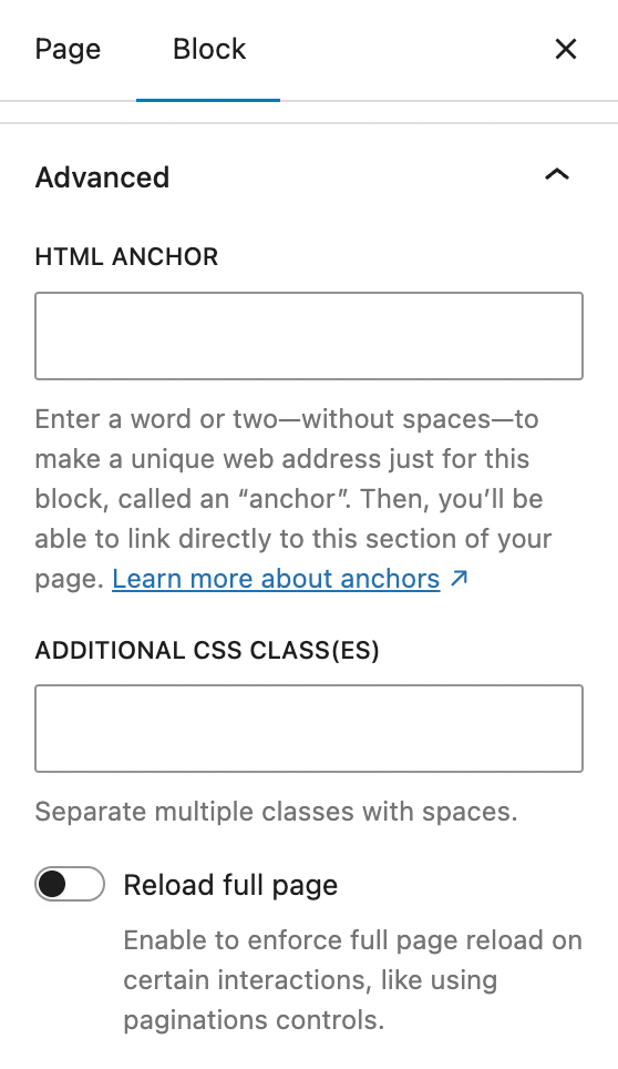 Reload full page option in the block settings