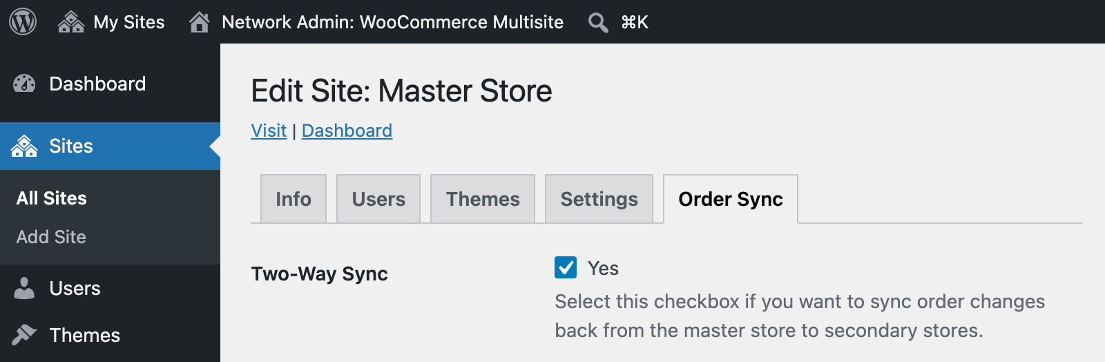 Two-way sync setting in the multisite order sync plugin.