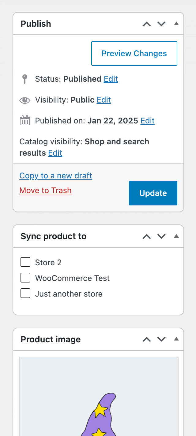 WooCommerce sync products between sites using classic product editor