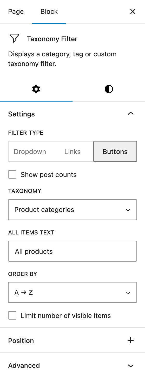 WooCommerce product category filter block settings