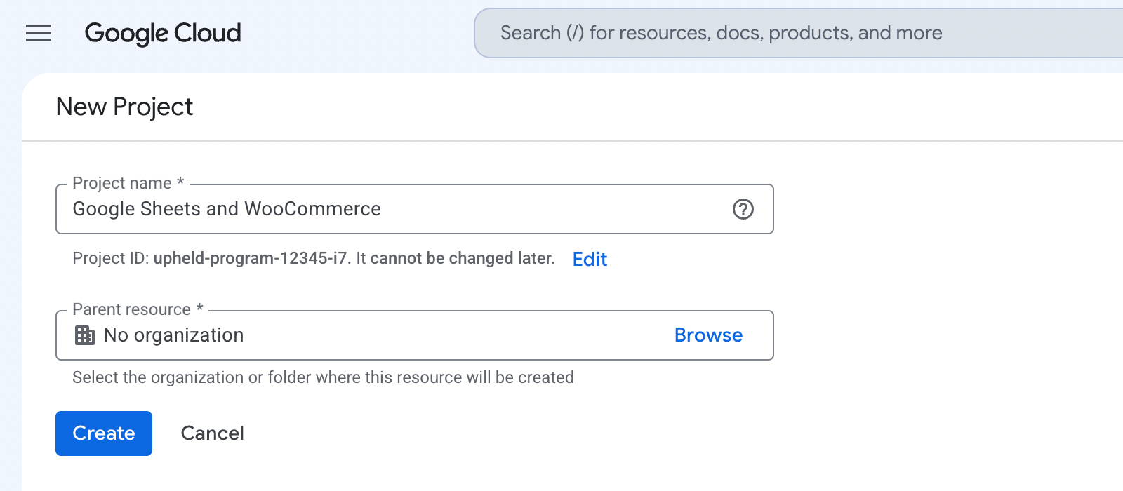 Google Cloud creating a new project